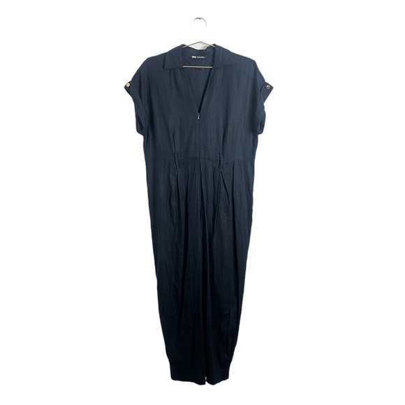 Zara Navy Linen Jumpsuit Size L * no belt - Picture 2 of 6